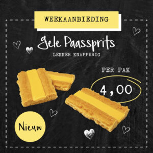 Gele paassprits per pak 4 euro.