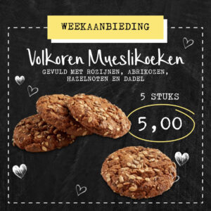 Volkoren meuslikoeken 5 stuks 5 euro.